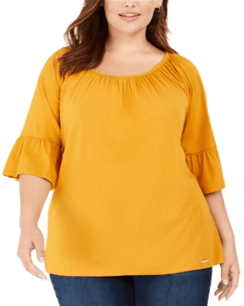 Front of a model wearing a size 1X Michael Kors Women's Boho Bell Sleeve Plus Peasant Top Yellow Size 1X in Yellow by Michael Kors. | dia_product_style_image_id:311339